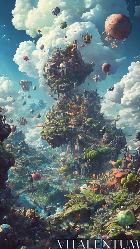 Vertical fantasy sky city with floating islands and airships.