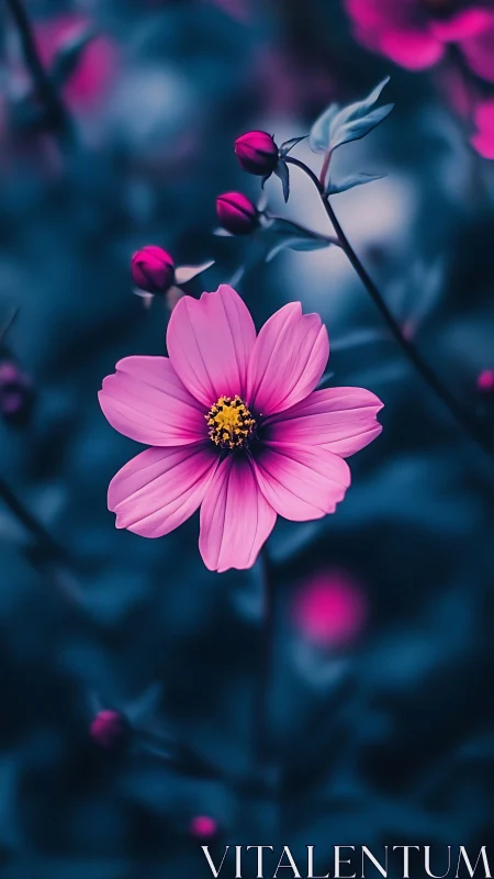 Pink Cosmos Flower with Buds Against Teal Background.