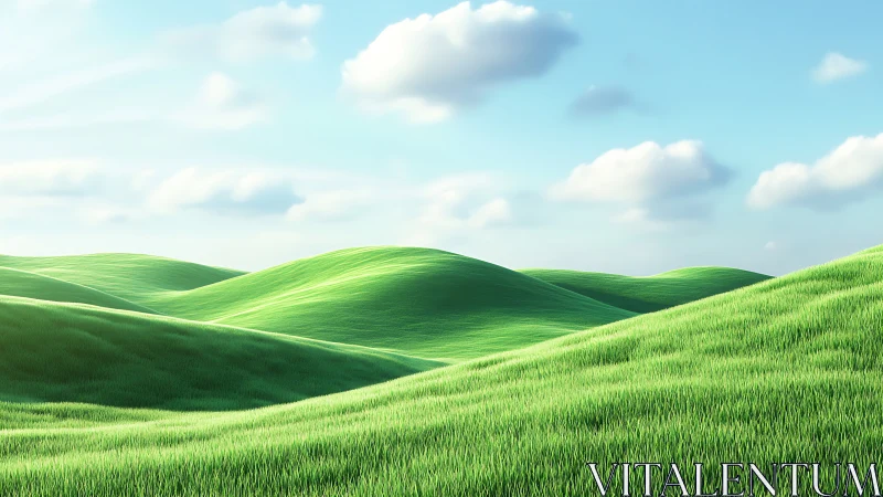 Digital pastoral landscape with luminous rolling grasslands.