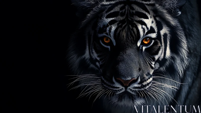 Tiger’s molten eyes pierce through shadowed darkness dramatically.