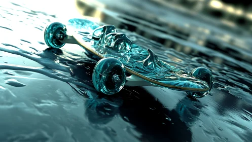 Liquid waveboard dreams skating across a chrome-blue tide.