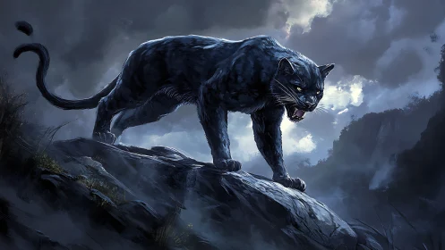 Massive Black Panther on Rocky Outcrop Against Stormy Sky.