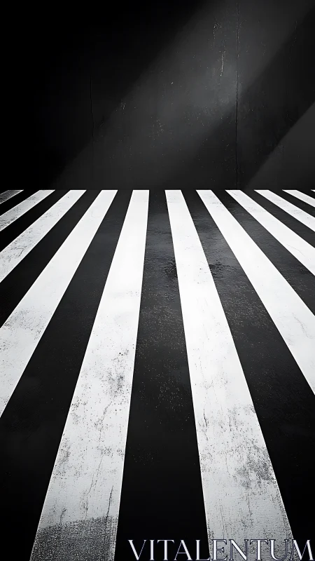 Black and white striped floor against dark empty wall.