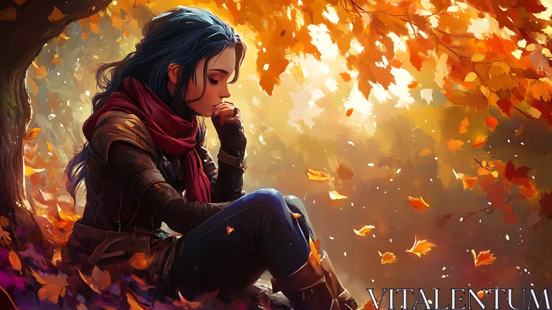 Melancholic girl under autumn canopy in luminous foliage.