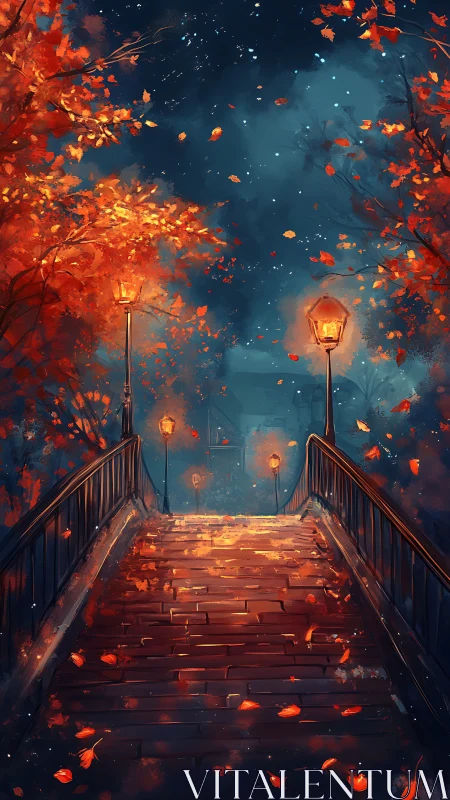 Autumn lantern bridge ascending into cobalt night whispers.