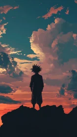 Anime warrior silhouette against dramatic sunset sky.
