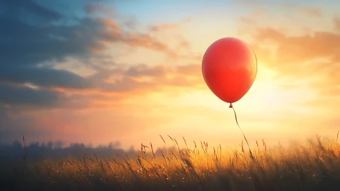 Digital painting of red balloon over sunlit meadow at dusk.