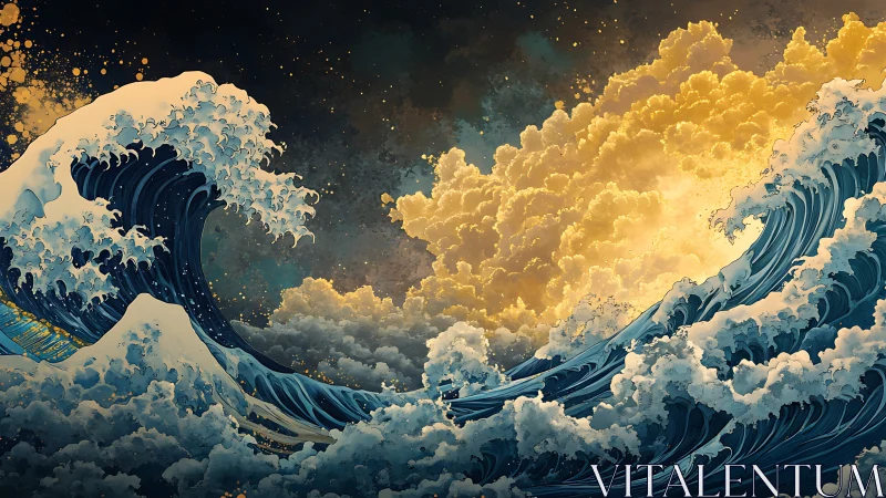 Storm-tossed waves collide with luminous golden clouds.