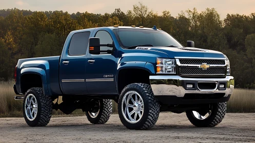 Midnight blue lifted truck prowls a rustic forest road.