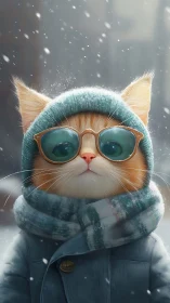 Orange cat wearing winter beanie, oversized glasses, scarf in snow scene
