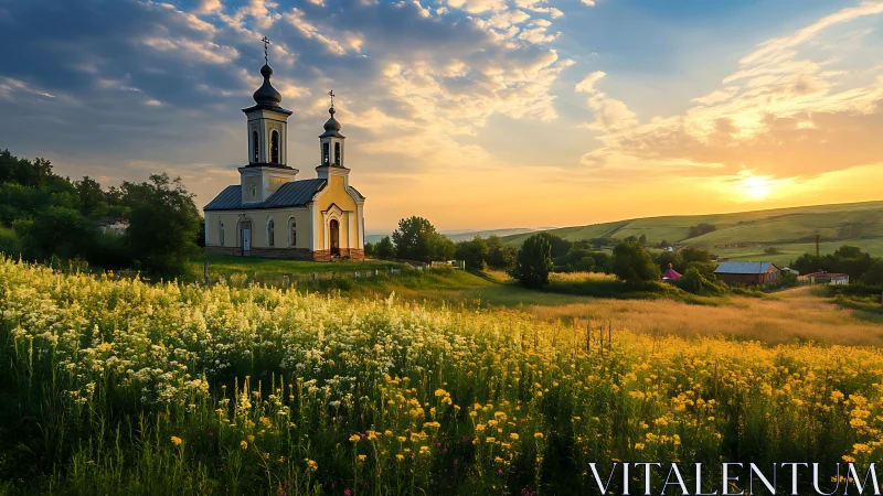 Sunlit rural church above wildflower meadow at golden hour.