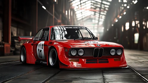 Red BMW race car rendered in hyperreal detail in industrial hall