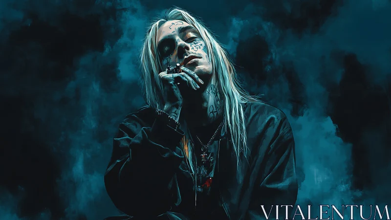 Moody tattooed rebel in blue smoke with quiet intensity.