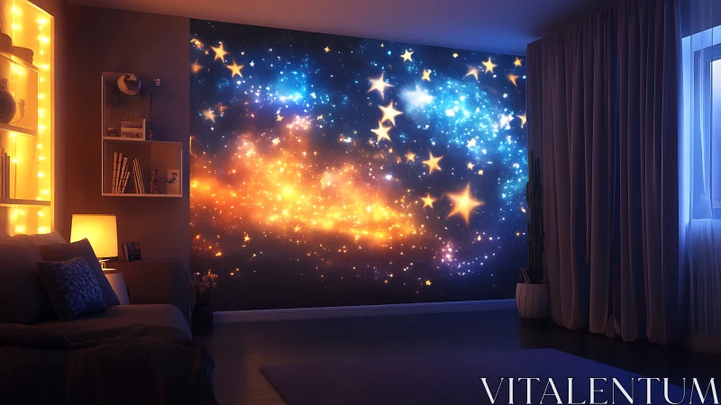 Starfield wall mural illuminates contemporary bedroom with bicolor glow