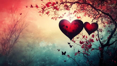 Dual Hearts Among Flowering Branches: Romantic Digital Composition.