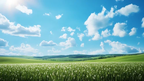 Green meadow under bright blue sky with scattered clouds.