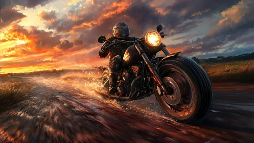 Dynamic low-angle motorcycle sprint under high-contrast sunset sky