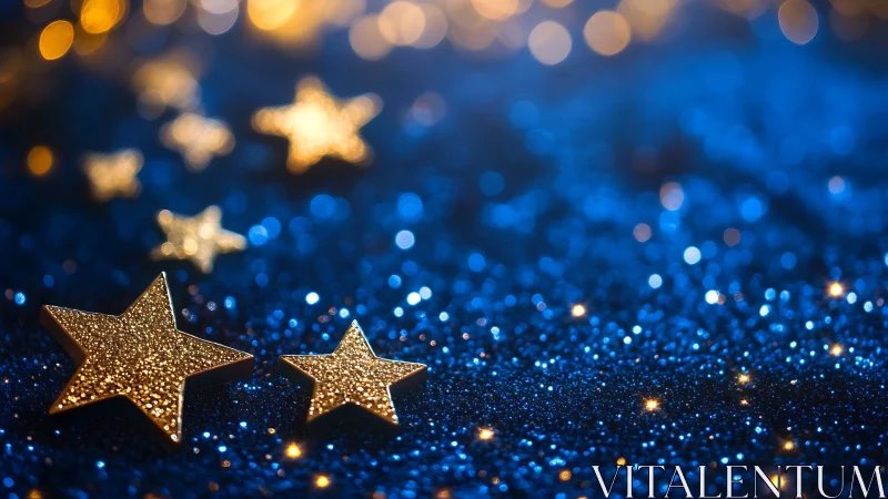 Gold star shapes on blue glitter surface with bokeh lights.