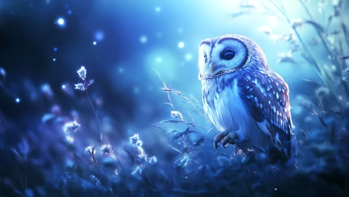 Moonlit owl rests softly in a glowing blue meadow night