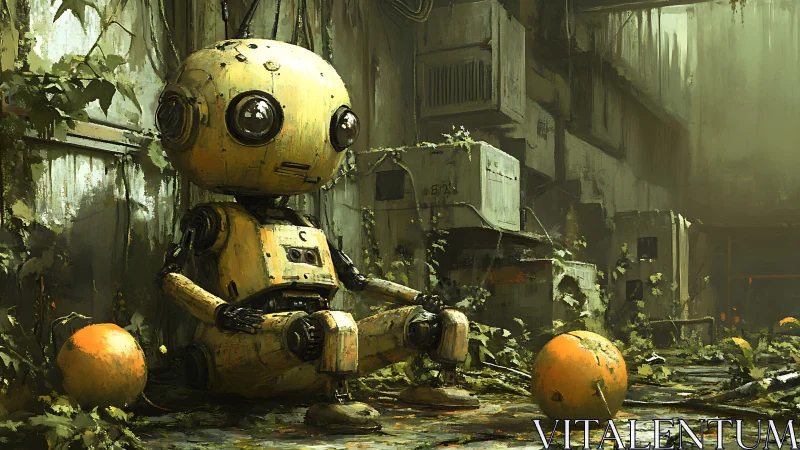 Concept art of abandoned robot in overgrown industrial alleyway.
