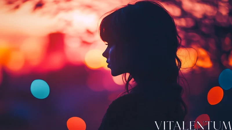 Silhouetted woman profile against neon bokeh sunset field.