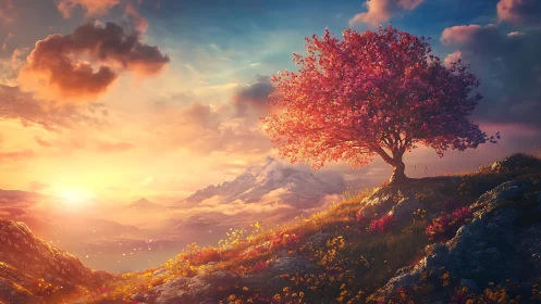 Blossom tree resting above glowing mountains at sunrise.