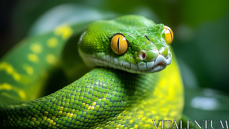 Macro study of green tree python coils in sharp focus detail.