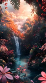 Dreamy jungle waterfall glows under soft enchanted sunset light