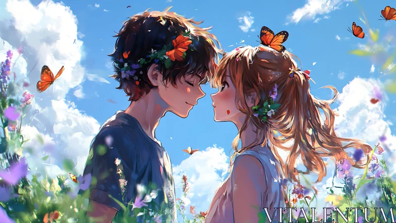 Sunlit meadow kiss paused beneath drifting butterflies.