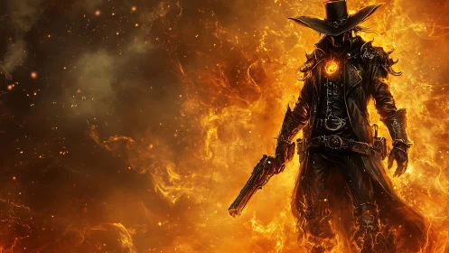 Pyroclastic gunslinger silhouette in infernal chromatic bloom.