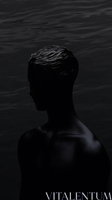Backlit human silhouette rendered against low-contrast dark water