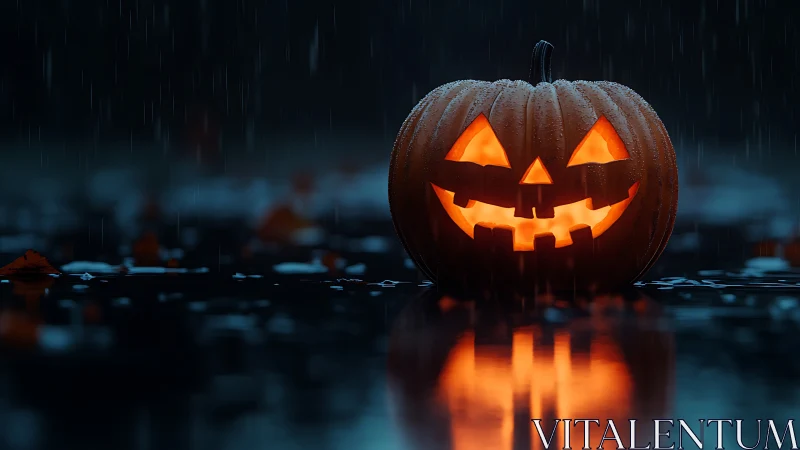 Jack o’lantern glow on a rainy Halloween night street.