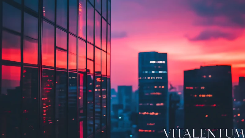 Neon dusk skyline mirrored in glassy city windows.