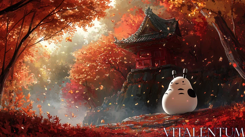 Autumn forest shrine with stylized creature in foreground.