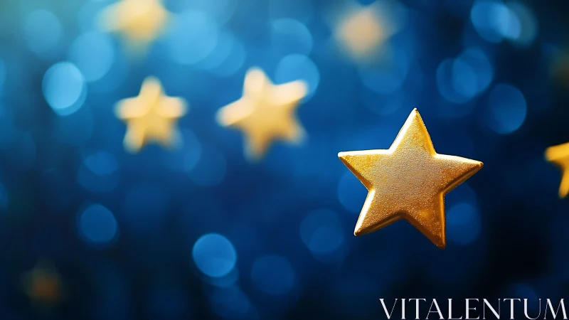 Golden star closeup against blue festive bokeh background.