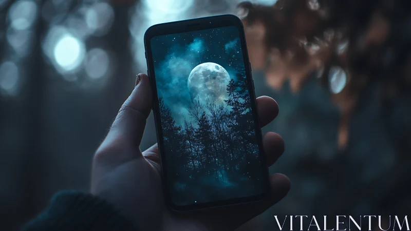 Moonlit forest glows through smartphone in misty twilight