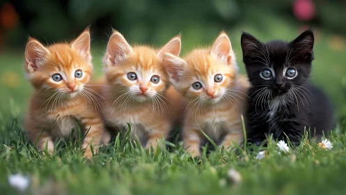 Four Kittens on Grass: Three Orange and One Black.
