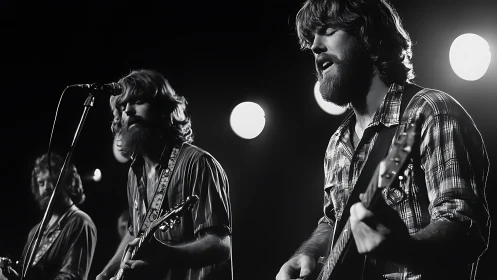 Bearded rock guitarists under dramatic backlighting onstage.