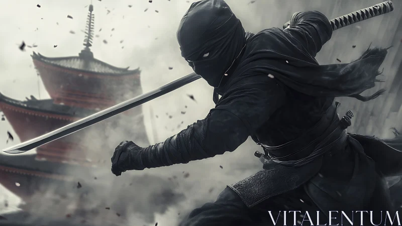 Silent ninja warrior poised with katana in swirling storm.
