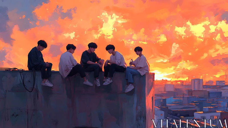 Rooftop dusk circle of friends above a burning pop-sky.