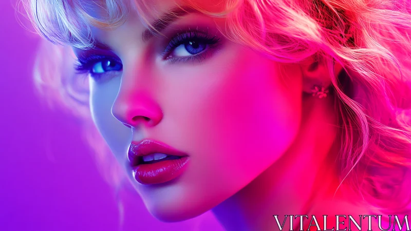 Neon-lit portrait captures glossy lips and intense gaze.