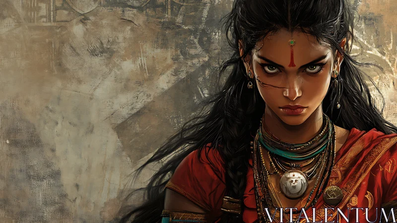 Fierce warrior woman stares forward in ornate red attire