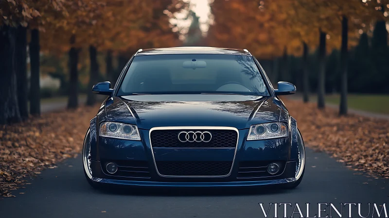Midnight-blue Audi prowls an autumn tunnel of amber leaves.