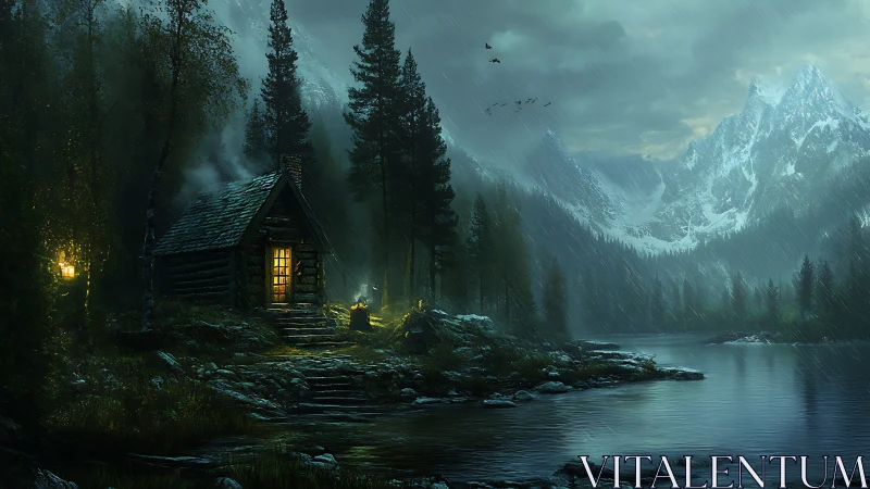 Cabin light warms rainy pine forest beside misty peaks