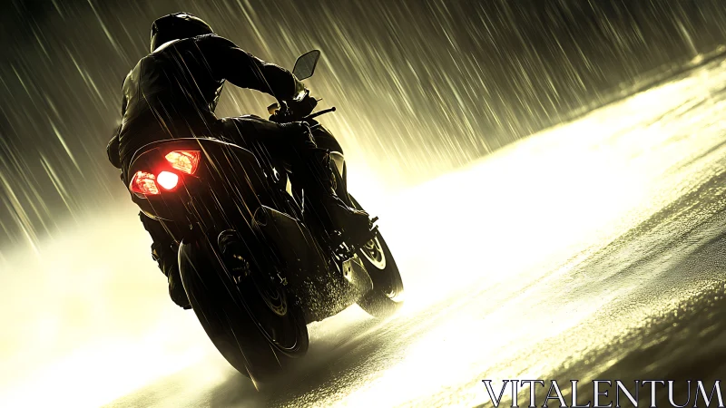 Motorcycle rider traverses wet road surface under heavy rain