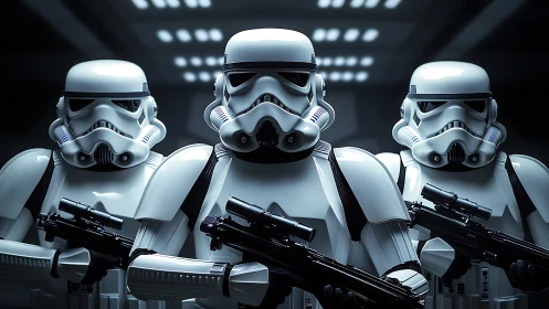 Armored sci fi soldiers stand in formation under cold light.