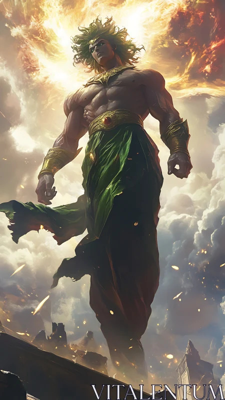 Mythic humanoid figure in sky with clouds and debris.