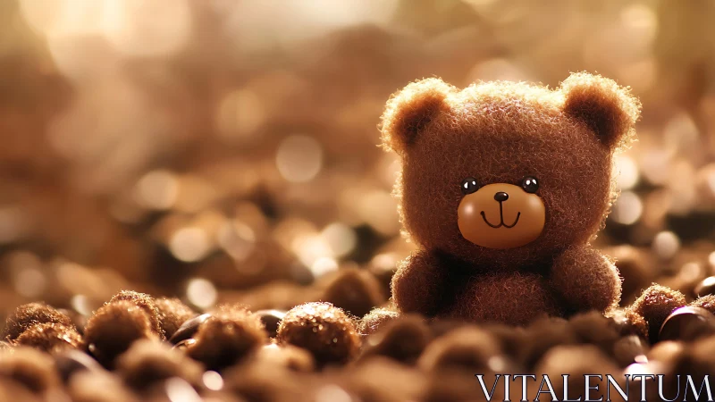 Small fuzzy teddy bear sits in a warm, glowing bokeh field