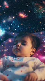 Infant in starlit dreamscape under luminous cosmic sky.
