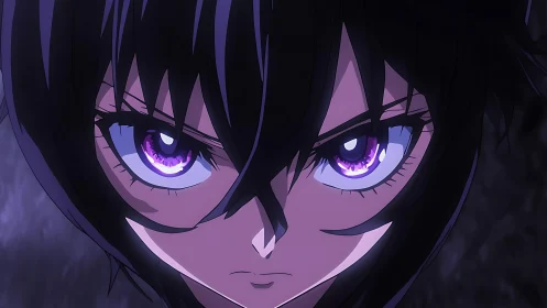 Intense close up of anime character with glowing eyes.